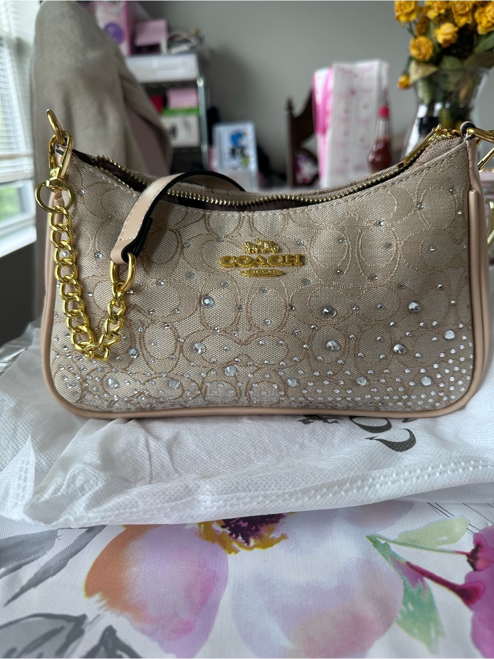 Coach Beige Crystal-Studded Signature Mini Shoulder Bag with Gold Chain